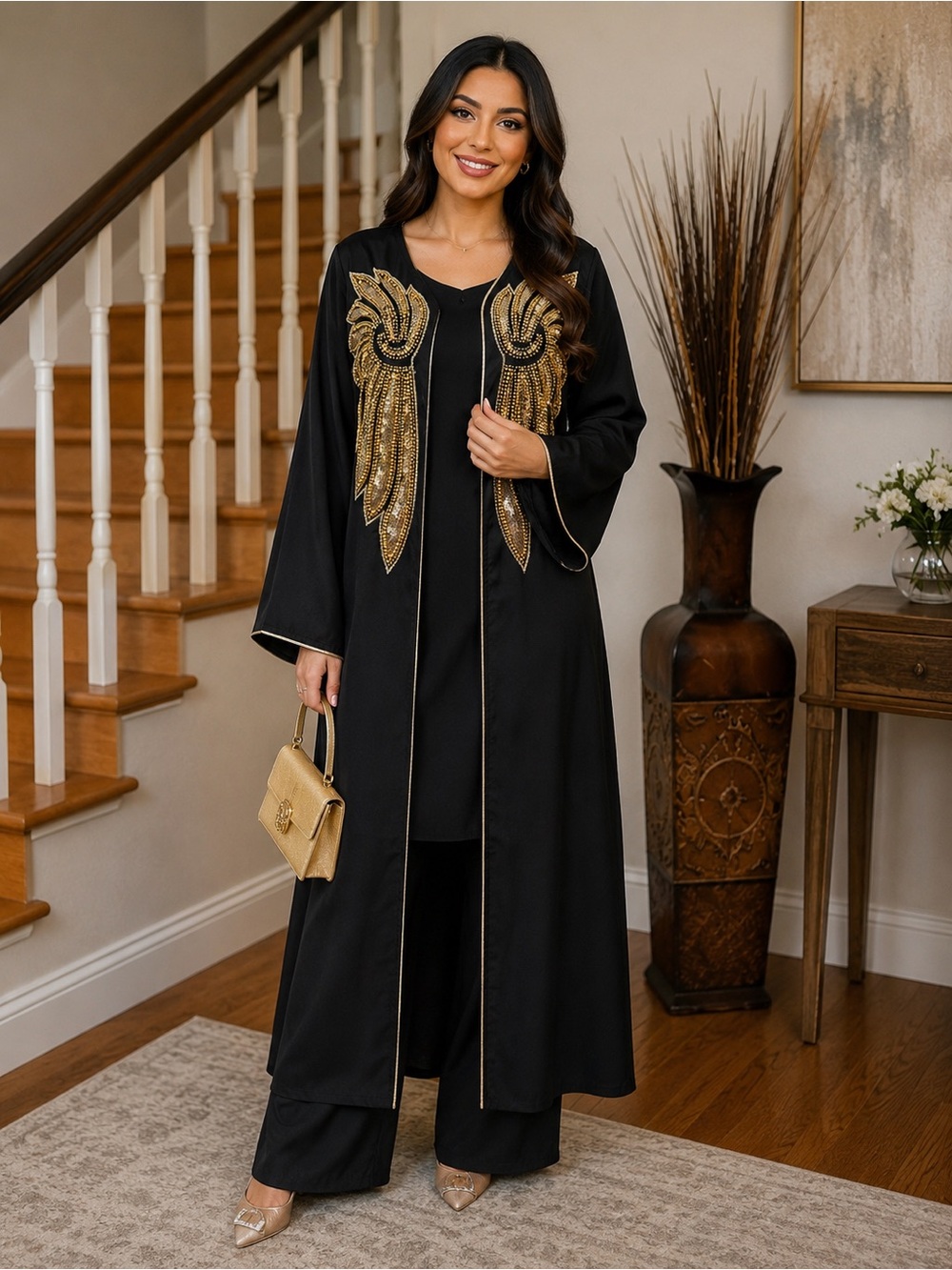Embellished Black & Gold Long Open 2 piece Abaya
